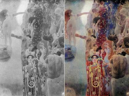El resultado del trabajo de la inteligencia artificial usada por Google Arts & Culture para recuperar los colores del cuadro 'Medicina', de Gustav Klimt