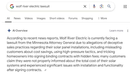 El resumen erróneo que tiraba Google AI Overview sobre Wolf River Electric. Crédito: Wolf River.