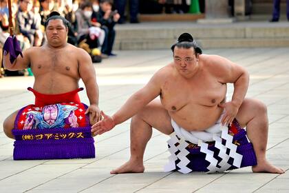  El gran campeón de sumo, Kisenosato, a la derecha, realiza su forma de entrada al ring en el Santuario Meiji en Tokio