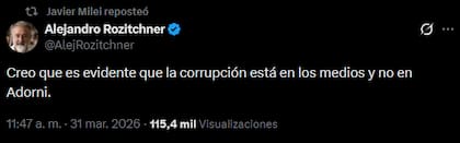 El retuit de Javier Milei a favor de Manuel Adorni