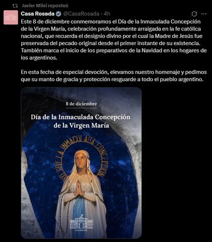 El retuit de Milei, este 8 de diciembre