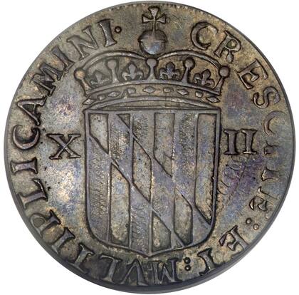 El reverso de la pieza representa el escudo de armas del Lord Baltimore