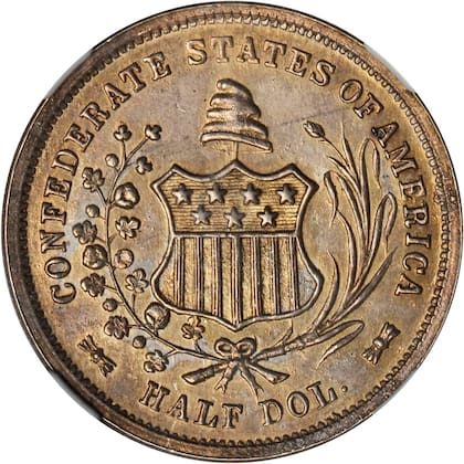 El reverso de las monedas reacuñadas presenta la imagen del escudo de la Confederación, a diferencia que las piezas federales que presenta un aguila