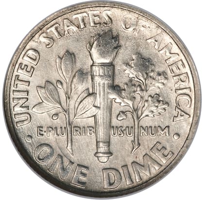 El reverso de una Roosevelt Dime debe presentar la imagen de una antorcha de la Libertad junto con una rama de olivo y otra de nogal