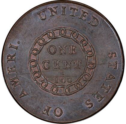 El reverso del ejemplar muestra la unión de 15 eslabones de cadena, lo que le otorgó la identificación "Chain" en el nombre de la serie