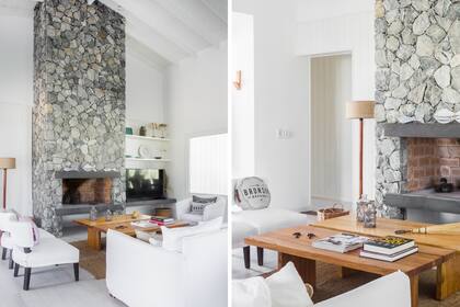 El revestimiento de la chimenea, en piedra voladura de Tandil, llega hasta el techo.