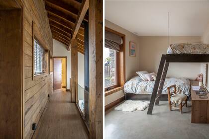 El revestimiento de la circulación es de pino tratado y pintado. Para ganar luz, abrieron una ventana hacia el living. En la habitación de su hija aprovecharon la altura para instalar una segunda cama, para cuando se queda a dormir alguna amiga.