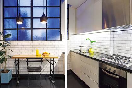 El revestimiento de ‘Subway tiles’ con pastina negra se llevó más allá de la alzada integrando visualmente el ambiente y también preservando la pared de la humedad que se filtra del antiguo ventanal de vidrio repartido original del edificio.