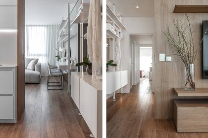 El revestimiento del panel en roble (Egger) hace que el espacio logre una calidez que se contrapone con la claridad de las paredes.