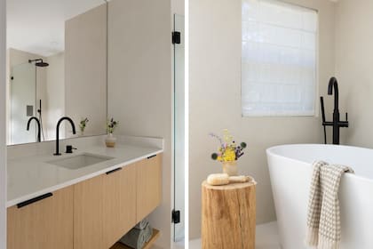 El revestimiento es de Microtopping (Ideal Work), un microcemento continuo en piso y paredes. El vanitory de roble blanco, otra obra de Lucas.