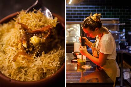 El revuelto gramajo tuneado con cebollas caramelizadas y queso de cabra.