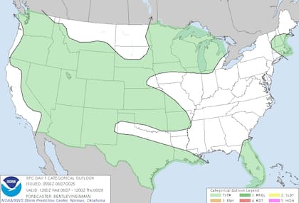 El riesgo de inundaciones repentinas alcanzará zonas del centro y sur de las Llanuras hacia el valle del Mississippi medio, desplazándose de Kansas al noroeste de Arkansas este miércoles y moviéndose hacia Arkansas y regiones vecinas el jueves