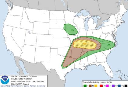 El riesgo de tornado afectará principalmente a Tennessee y Missouri