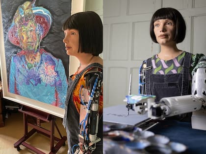 El robot artista Ai-Da y una de sus obras