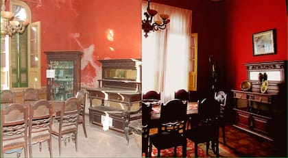 El salón comedor con su mobiliario original, antes y después de la recuperación de la casa.