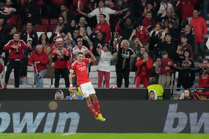El salto de Ángel Di María para celebrar su doblete en Benfica para el 2-1 sobre Toulouse por la Europa League.