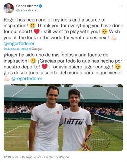 El saludo de Carlos Alcaraz a Roger Federer (Foto: Twitter @carlosalcaraz)