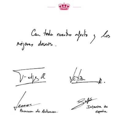 El saludo de Felipe VI y Letizia: “Con todo nuestro afecto y los mejores deseos” y las firmas de los cuatro.