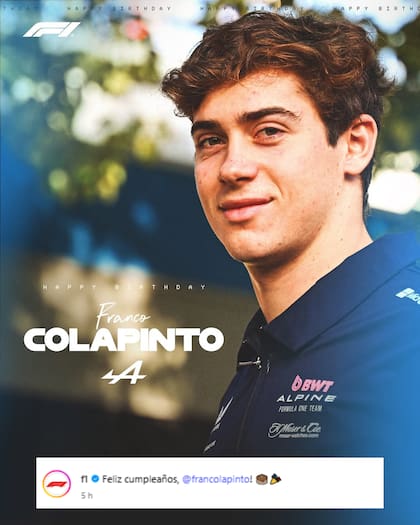 El saludo de la Fórmula 1 para Franco Colapinto (Foto: Instagram @f1)