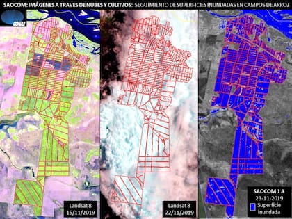 Imágenes satelitales de un campo de arroz. Las dos primeras son ópticas. En la primera no se ve la capa de agua y en la segunda, las nubes tapan al cultivo. La tercera es del Saocom, que permite ver el cultivo inundado y desarrollado.