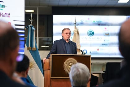 El secretario de Agricultura, Juan José Bahillo, durante su discurso en el Congreso de Coninagro en la Bolsa de Cereales de Buenos Aires