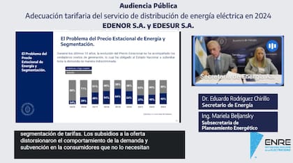 El secretario de Energía, Eduardo Rodríguez Chirillo, y la subsecretaria de Planeamiento Energético, Mariela Beljansky, expusieron en la audiencia pública que los usuarios cubren menos del 45% del costo de generar electricidad
