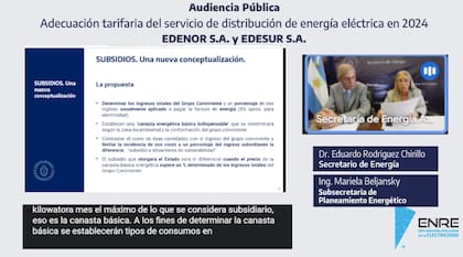 El secretario de Energía, Eduardo Rodríguez Chirillo, y la subsecretaria de Planeamiento Energético, Mariela Beljansky, expusieron en la audiencia pública para definir las tarifas de electricidad sobre la nueva forma de subsidiar el servicio