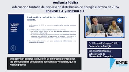 El secretario de Energía, Eduardo Rodríguez Chirillo, y la subsecretaria de Planeamiento Energético, Mariela Beljansky, expusieron en la audiencia pública para debatir sobre las tarifas eléctricas