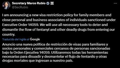 El secretario de Estado confirmó las restricciones de visas en sus redes sociales