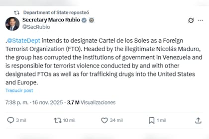 El secretario de Estado, Marco Rubio, anticipó la designación del Cartel de los Soles como organización terrorista por el gobierno estadounidense