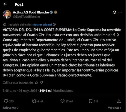 El secretario de Justicia interino, Todd Blanche, celebró la decisión