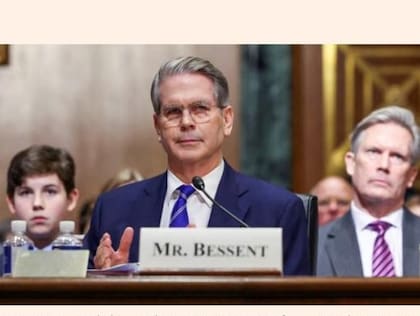 El secretario del Tesoro de Trump, Scott Bessent, acompañado por su esposo y su hijo, en la sesión del Senado que aprobó su designación (tal como lo retrató Financial Times)
