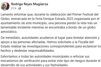 El secretario general de gobierno de Zacatecas, Rodrigo Reyes Mugüerza, confirmó la noticia a través de Facebook