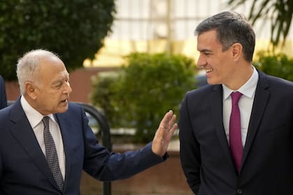 El secretario general de la Liga Árabe, Ahmed Aboul Gheit, con el presidente español, Pedro Sánchez, en El Cairo. (AP/Amr Nabil)