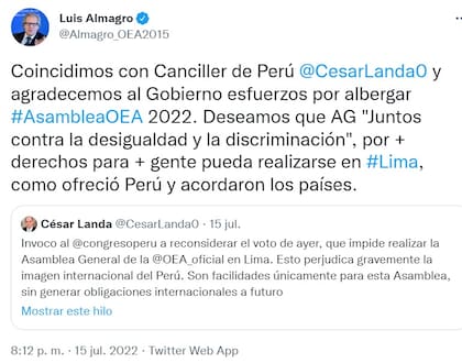 El secretario general de la OEA, Luis Almagro, respaldó al canciller peruano a través de Twitter.