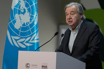 El secretario general de la ONU, António Guterres, en la cumbre climática COP30 de la ONU, el jueves 20 de noviembre de 2025, en Belém, Brasil