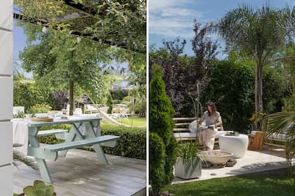 El sector del fuego, lejos de la casa. Mesa canadiense debajo de una pérgola con rosas. A la derecha, mesa de cemento satinado (Mercado del Estilo). Macetas rotomoldeadas (Bauform).