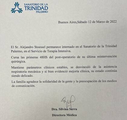 El tercer comunicado de la Trinidad sobre la salud de Alejandro Stoessel