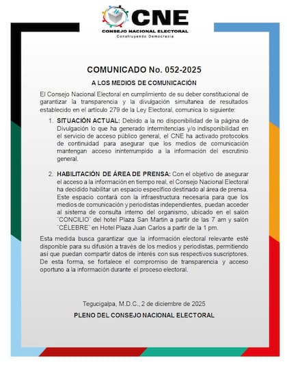 El segundo comunicado del CNE de Honduras donde anunció la "habilitación de un área de prensa"
