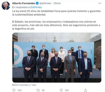 El segundo tuit de Alberto Fernández, que corresponde al acto del que participó esta mañana en el Museo del Bicentenario de la Casa Rosada