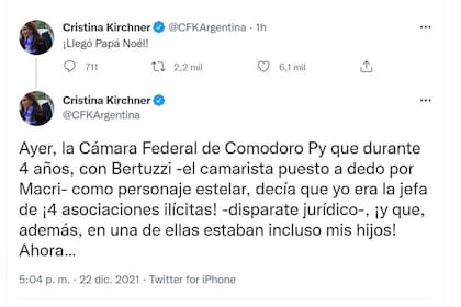 El segundo tuit del hilo de Cristina Kirchner tenía en principio el nombre del juez equivocado: había escrito (Leopoldo) Bruglia en lugar de (Pablo) Bertuzzi