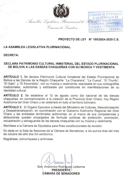 El Senado de Bolivia declaró “patrimonio cultural” de ese país a la chacarera, el gato, el escondido, sus bailes y vestimentas