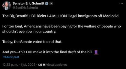 El senador indica que el gran y hermoso proyecto de ley expulsa a 1,4 millones de inmigrantes ilegales de Medicaid