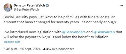 El senador Peter Welch, demócrata por Vermont, propone aumentar la ayuda que reciben los sobrevivientes en caso de muerte de un beneficiario del Seguro Social