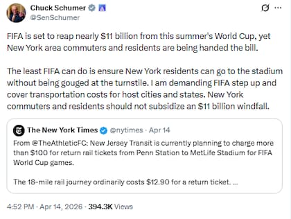 El senador Schumer le solicitó a la FIFA que cubra los gastos de transporte de las ciudades y estados anfitriones