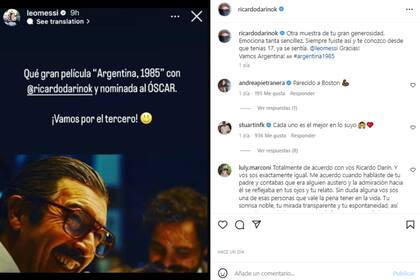 El sentido agradecimiento de Ricardo Darín a Lionel Messi (Foto: Instagram @ricardodarinok)
