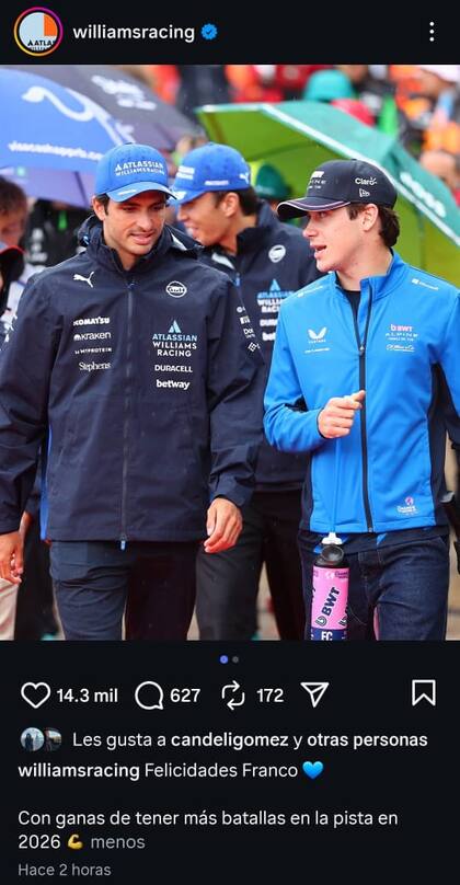 El sentido mensaje de Williams a Franco Colapinto