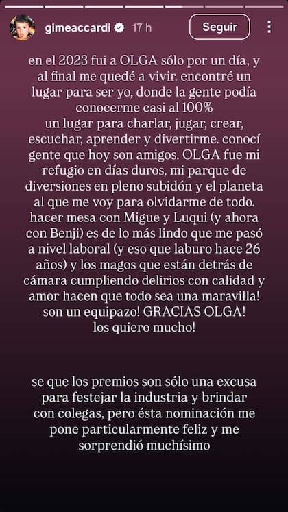 El sentido posteo de Gimena Accardi tras ser nominada a la categoría Mejor Co Conducción Femenina