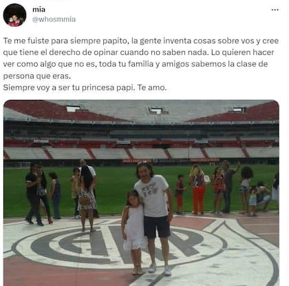 El sentido posteo en su Twitter de Mía, la hija de Pablo Serrano, socio de River fallecido en el partido contra Defensa y Justicia