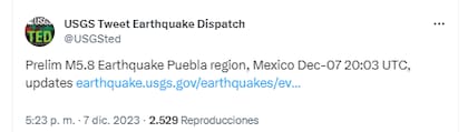 El Servicio Geológico de Estados Unidos (USGS, por sus siglas en inglés) reportó el sismo de magnitud 5,8 en México